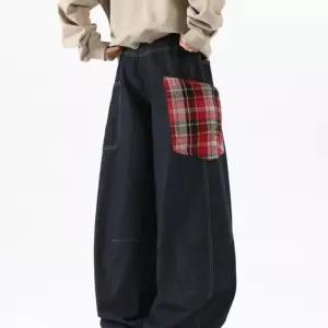 여성 빈티지 배기핏 패치 청바지 체크 커프 워싱 무 슬랙스 와이드 원픽1