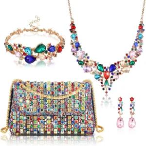 결혼식 신부 여성 핸드백용 목걸이 팔찌 댕글 귀걸이를 위한 Quelay 4개 지갑 라인스톤 주얼리 세트