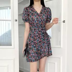 [라일리여성의류] Rly 꽃무늬 반팔 원피스 브이넥 셔링 퍼프 미니 스커