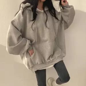 여성 데일리 캐주얼 스타일 반집업 회색 무지 후드티