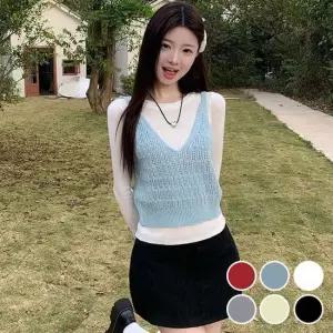 여성 그물 짜임 여리여리 크롭 기장 펀칭 니트 조끼