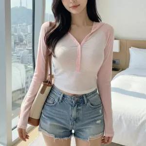 [옷자락]여자 데일리 슬림 크롭 후드 긴팔티셔츠