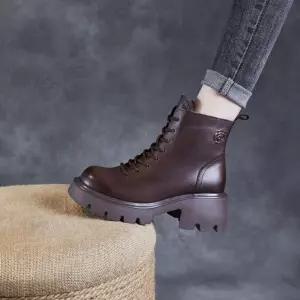 원더맨 여성 가을 스트랩 앵클부츠 데일리룩 빈티지워커 신발 단화 소가죽 뉴브라운 워커힐 진가죽 통굽 KU