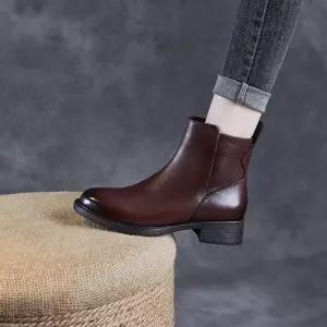 원더맨 갈색 빈티지 가을 여성용 천연가죽 워커힐 데일리룩 신발 웨지힐 앞코 워커 앵클부츠 소가죽 KUK3