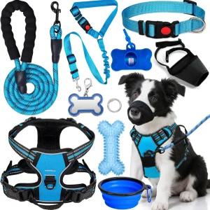 노 풀 도그 하네스 조절 가능한 칼라 및 목줄 세트 개 홀터 접이식 그릇 배변 봉투 디스펜서 주둥이 ID