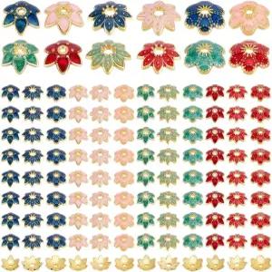 PH PandaHall 96pcs 4가지 색상 꽃 구슬 캡 9mm 3가지 스타일 합금 에나멜 엔드 스페이서 DIY 귀걸이 팔찌
