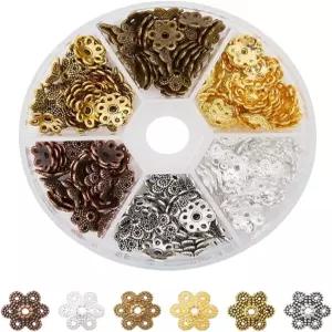 PH 팬더홀 180pcs 플라워 비드 캡 6가지 색상의 엔드 합금 필리그리 메탈 멀티 꽃잎 스페이서 DIY 귀걸이