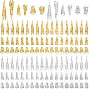 PH PandaHall 120pcs 3가지 모양의 긴 꽃 구슬 캡 필리그리 속이 빈 끝 금속 콘 스페이서 팔찌 목걸이 DIY