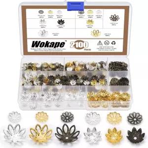 Wokape 2100Pcs 4사이즈 플라워 비즈 캡 액세서리 제작용 스페이서 모음 키트 속이 빈 필리그리 엔드 보석