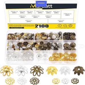Mardatt 2100PCS 12가지 스타일 금속 비드 캡 모음 세트 7/9/10/14mm 중공 꽃 스페이서 엔드 DIY 귀걸이