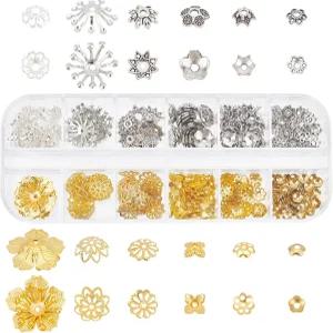 PH PandaHall 278Pcs 비드 캡 12가지 스타일 플라워 스페이서 황동 및 합금 베일 끝 참 비즈 귀걸이 팔찌