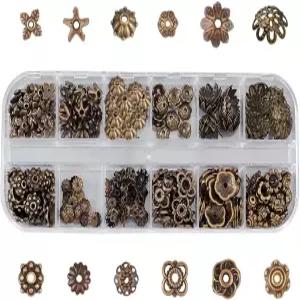 써니클루 1박스 240Pcs 12스타일 스페이서 비즈 캡 벌크 빈티지 앤티크 청동 꽃 합금 금속 느슨한 주얼리