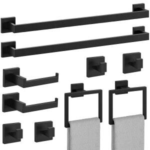 BUBXO 10피스 스테인리스 세트 24인치 욕실 벽용 하드웨어 장착 SUS304 목욕 타월 매트 블랙 스틸 액세서리
