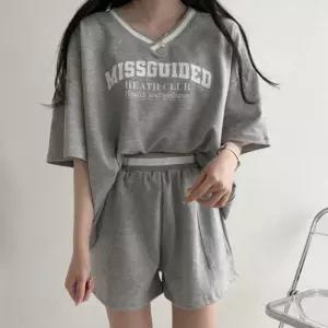 여성 기본 반팔티 프린팅 브이넥 박스티 세미크롭 빅사이즈 반바지