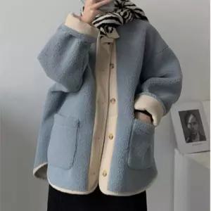 여성 겨울 양털 배색 박시 상큼 뽀글이 후리스 점퍼 LTb6+4lTN