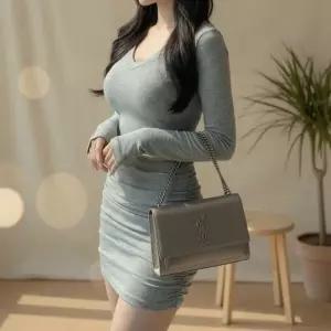 [옷자락]여성 일상 데이웨어 셔링 스판 브이넥 롱슬리브 미니드레스