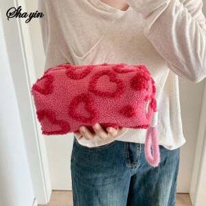 손잡이가 있는 플러시 메이크업 가방  여행용 화장품 보관 휴대용 러브 프린트 오거나이저 필통 귀여운 클