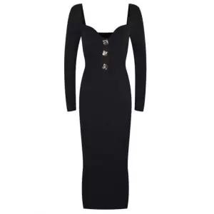 DUGNMARKT  스퀘어넥 버튼 니트 롱원피스 슬림핏 하객룩 2color 니트롱 절개 라인