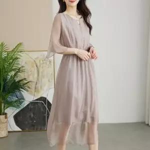 손오천 여친 원피스 실크 여름 드레스 쉬폰 롱스커트 슬리밍 데일리룩 부드러운 KUK2