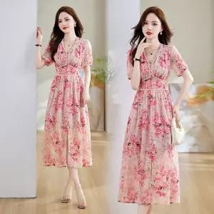 손오천 원피스 스커트 옐로우 여름 여자 로맨틱 허리조임 A라인 프린트 데일리룩 브이넥 프렌치 롱스커트