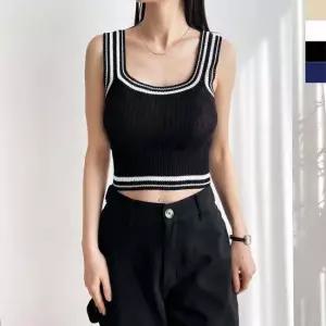 여성 여름 뷔스티에 배색 크롭 니트나시 티셔츠