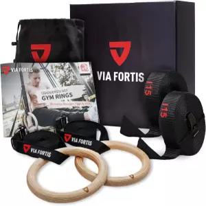스트랩 가방 및 운동 가이드가 포함된 VIA Fortis 프리미엄 원목 체육관 링 - 경기 디자인에서