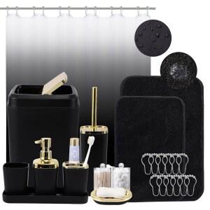 XLHOMO 욕실 홀더 쓰레기통 24PC 변기 커튼과 세트 액세서리 브러시 비누 샤워 커튼 있는 블랙 후크가 디스펜서 접시 세트 러그가