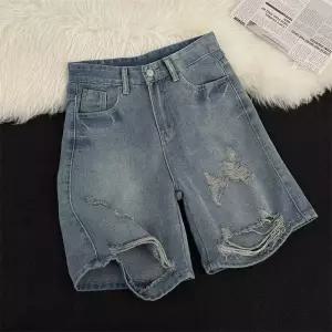 팬츠 데님 여름 캐주얼 남성용 깔끔한 청반바지 워싱 구제 디스트로이드 반바지 일자 와이드 5부 C04Z2-0