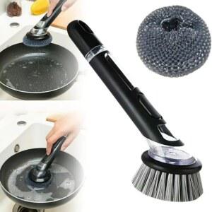 비누 디스펜서가 있는 새로운 접시 브러시 교체 가능한 가 긴 손잡이 설거지 주방용 스크럽