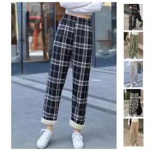 와이드 일자핏 여성 체크 안감 퍼 겨울 기모 팬츠 (F) Twg9+9oPr