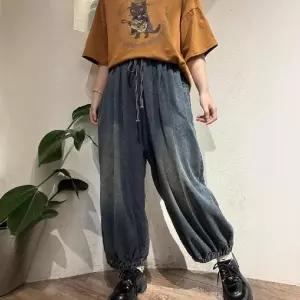 스파이더맨 여성 캐주얼 봄 빈티지 구제 스트링 하의 워싱 청바지 허리 OPH1