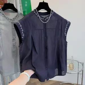 여성 여름 캐주얼 민소매 블라우스 코튼 린넨 야카 자수 위에 셔츠 탑 원픽2