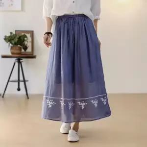 스커트 치마 빈티지 봄 여성 솔리드 밴딩 이중 자수 모시 원픽1