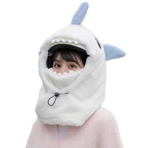 상어 스키 헬멧 커버 귀여운 상어 얼굴 마스크 겨울 따뜻한 야외 후드 스포츠 방풍 스타일 모자 스카프 3 in1