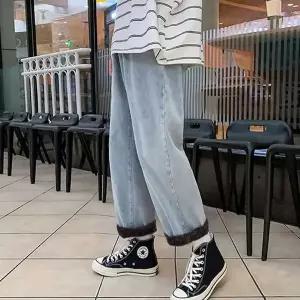 캐주얼 데님 청 바지 와이드 핏 기모 안감 겨울 팬츠 남자데님바지