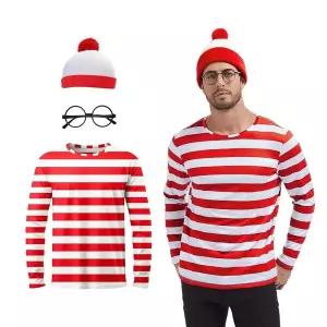 QPAXUCR 3피스, 레드 앤 화이트 스트라이프 셔츠 모자 안경 정장 성인 남성 할로윈 코스프레 코스튬, 레드