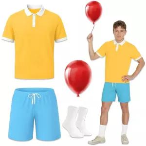4피스 남성용 할로윈 코스튬 성인용 옐로우 티셔츠 블루 반바지 화이트 양말과 레드 풍선 코스프레 파티용