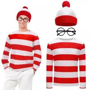 Snwquik 3피스 할로윈 코스튬 액세서리 성인, 레드 및 화이트 스트라이프 티셔츠/모자/안경 남성용 코스프