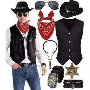 8피스 남성용 웨스턴 카우보이 코스튬 세트, 소 조끼 및 모자 레트로 액세서리 할로윈 파티 코스프레 블랙-