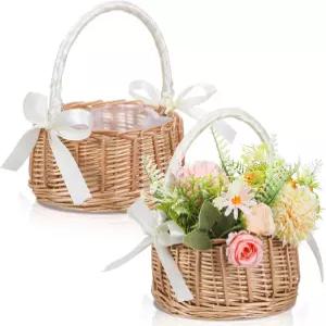 꽃 소녀 바구니 2팩 손잡이 실크 리본이 달린 수제 위커 라탄 선물용 장식 달걀 캔디 결혼식 캠핑 홈 데코