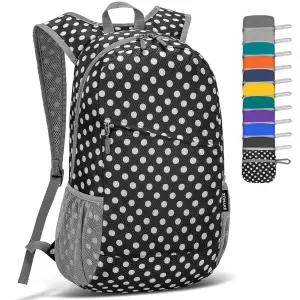 ZOMAKE 경량 패커블 백팩 20L, 접이식 소형 데이팩, 하이킹 방수 데이 백 여행용 (블랙, 화이트 물방울 무