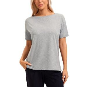 CRZ 요가 여성 피마 코튼 반팔 셔츠 보트넥 루즈핏 체육관 운동 티셔츠 캐주얼 상의