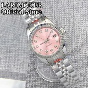 LARIMOKER 25.5mm 여성용 다이아몬드 인덱스 핑크 시계 다이얼 NH05 자동 사파이어 스테인레스 스틸 손목