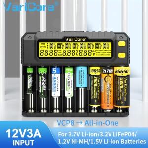VariCore VCP8 8슬롯 LCD 스마트 충전기 18650/21700/26650 리튬이온 3.7V LiFePO4 니켈수소/카드뮴 AA 범