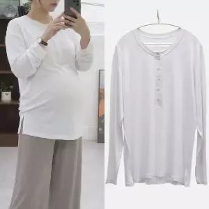 [보리보리/마미누리]임산부 수유티 여름 긴팔 얇은 단추 수유가능 레이온 스판 루즈핏 티셔츠