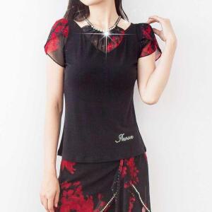 플라워 블랙 튤립 소매 댄스복 블라우스 스포츠 줌바