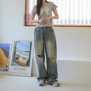 [숏/롱] 수비진 SP274 사이드 폴딩 무릅데미지 롱 와이드 청바지/찢어진청바지/와이드팬츠/여성청바지