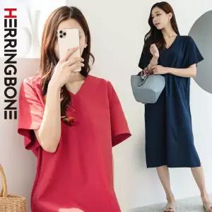 여자 베이직 모던 브이넥 반팔 빅사이즈 린넨 브이넥 롱 원피스 HE074