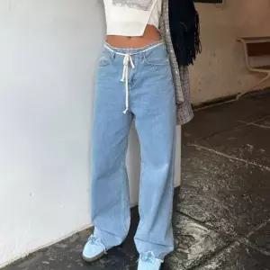 찢청바지 라이트블루 허리끈 순면 세미와이드