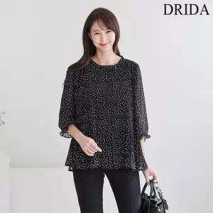 여성 봄 여름 도트 플리츠 플레어 빅사이즈 7부 쉬폰 블라우스 미시 캐주얼 출근